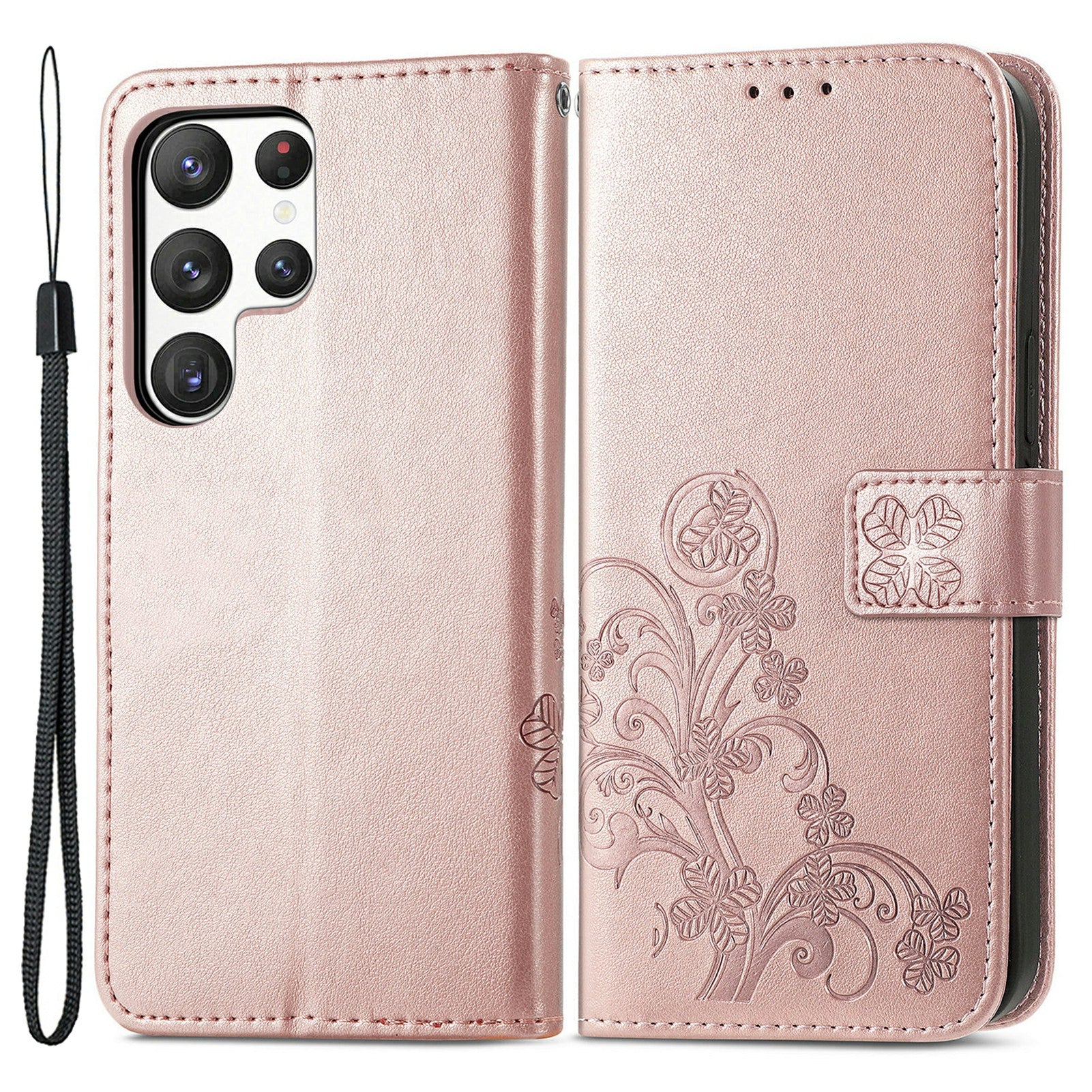 For Samsung Galaxy S23 Ultra Four-leaf Clover Imprinted Phone Case Stand Drop-proof Phone Flip Leather Wallet Cover with Wrist Strap For Samsung Galaxy S23 Ultra Four-leaf Clover Imprinted Phone Case Stand Drop-proof Phone Flip Leather Wallet Cover with Wrist Strap
